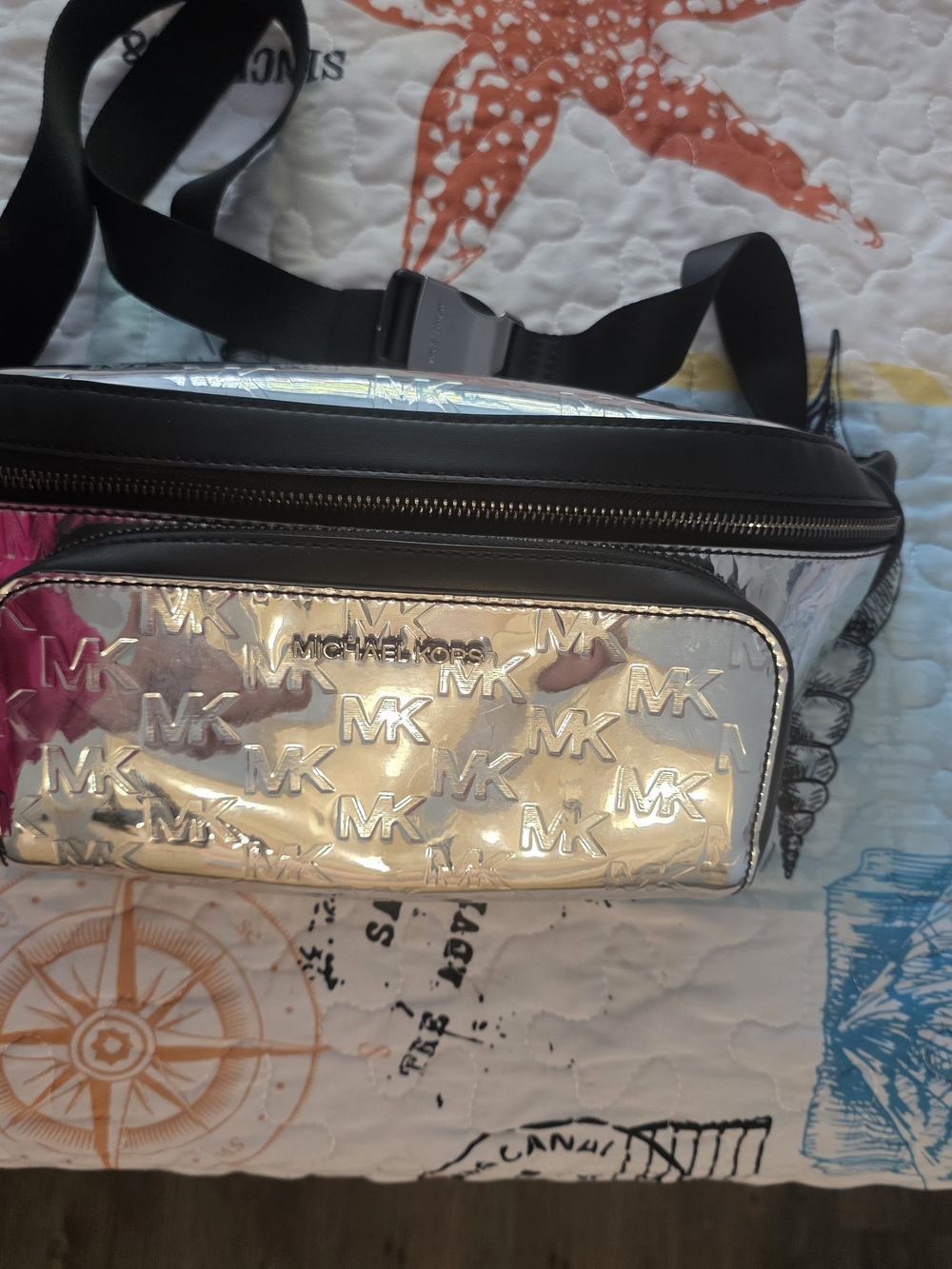Michael Kors Silver Metallic MK Logo Belt Bag